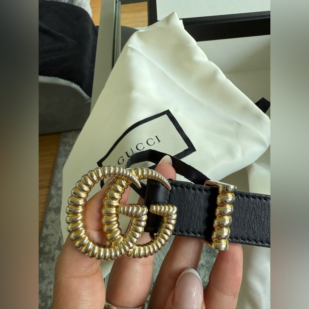 Gucci Women's Belt with Black Leather and Gold Detailing